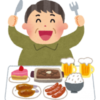 カロリーの高そうな食べ物の前でナイフとフォークを振り上げている男性の絵