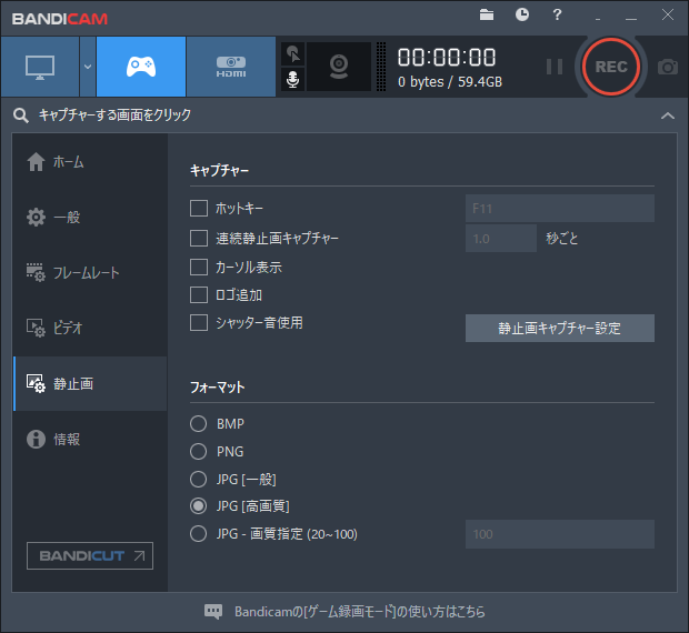 Bandicam静止画設定画面